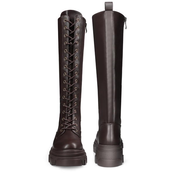 Lace Up Knee High Boots - BROWN PU - 3